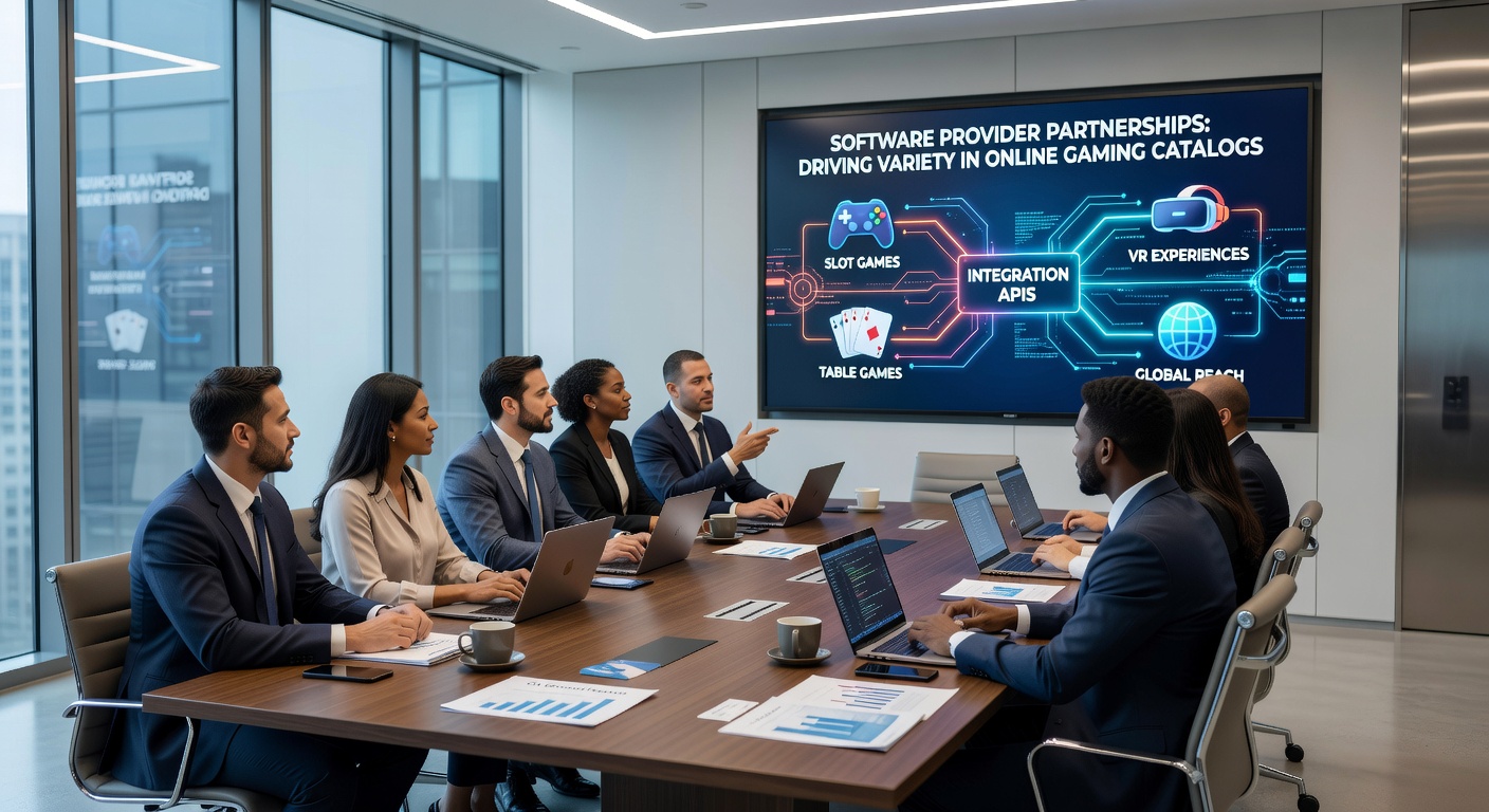 Developers review game code during a partnership integration meeting for catalog updates