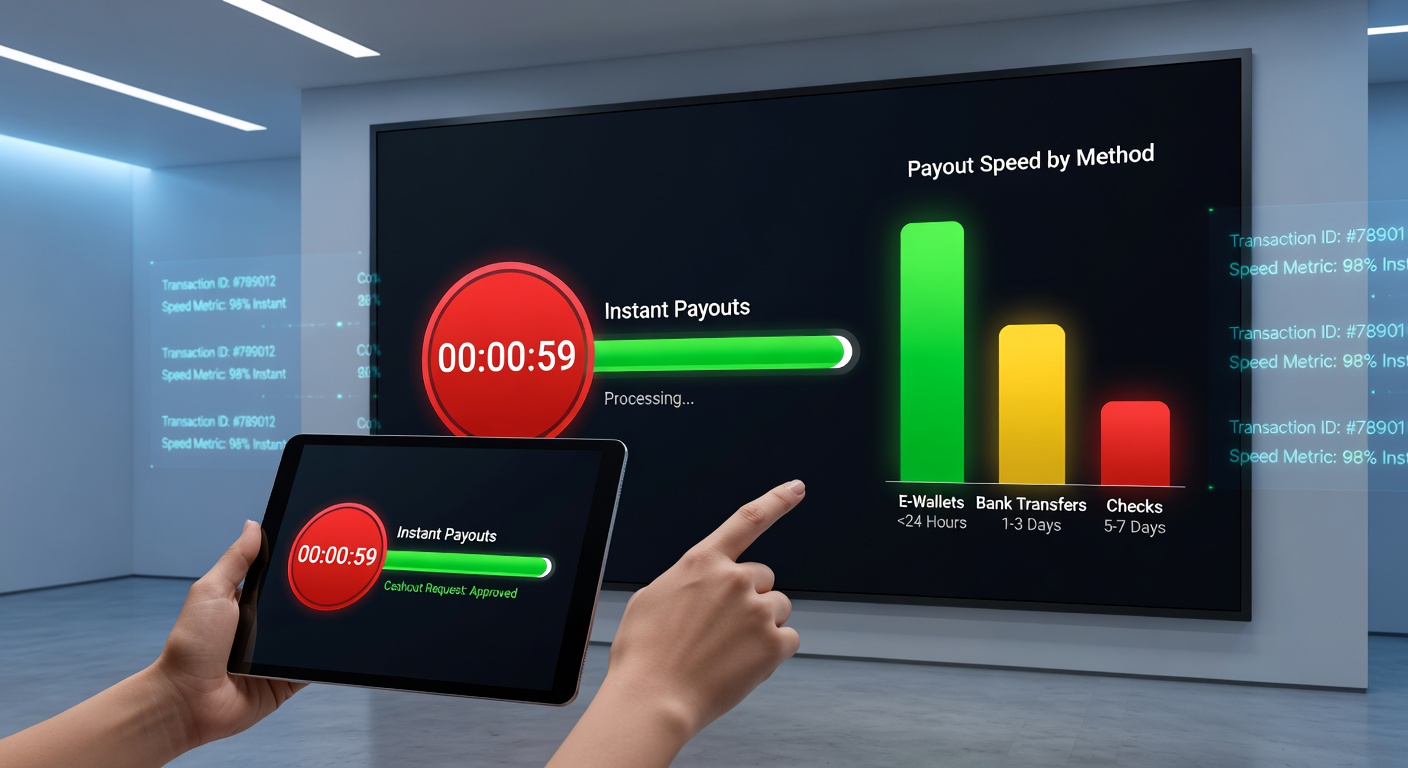 Close-up of a stopwatch amid glowing screens displaying withdrawal confirmations, transaction graphs, and global payment symbols, capturing the high-stakes race of casino payouts