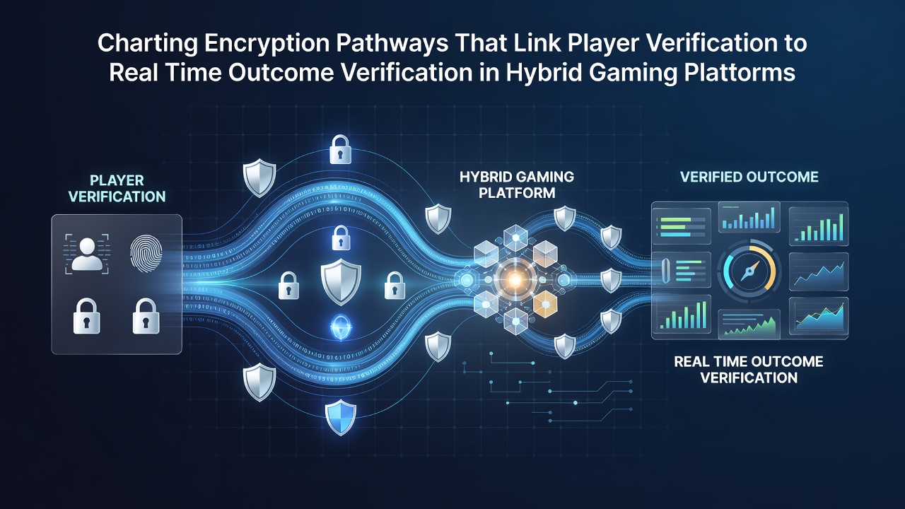 Encryption pathways diagram showing secure data flows between player verification and real-time outcome checks in hybrid gaming systems