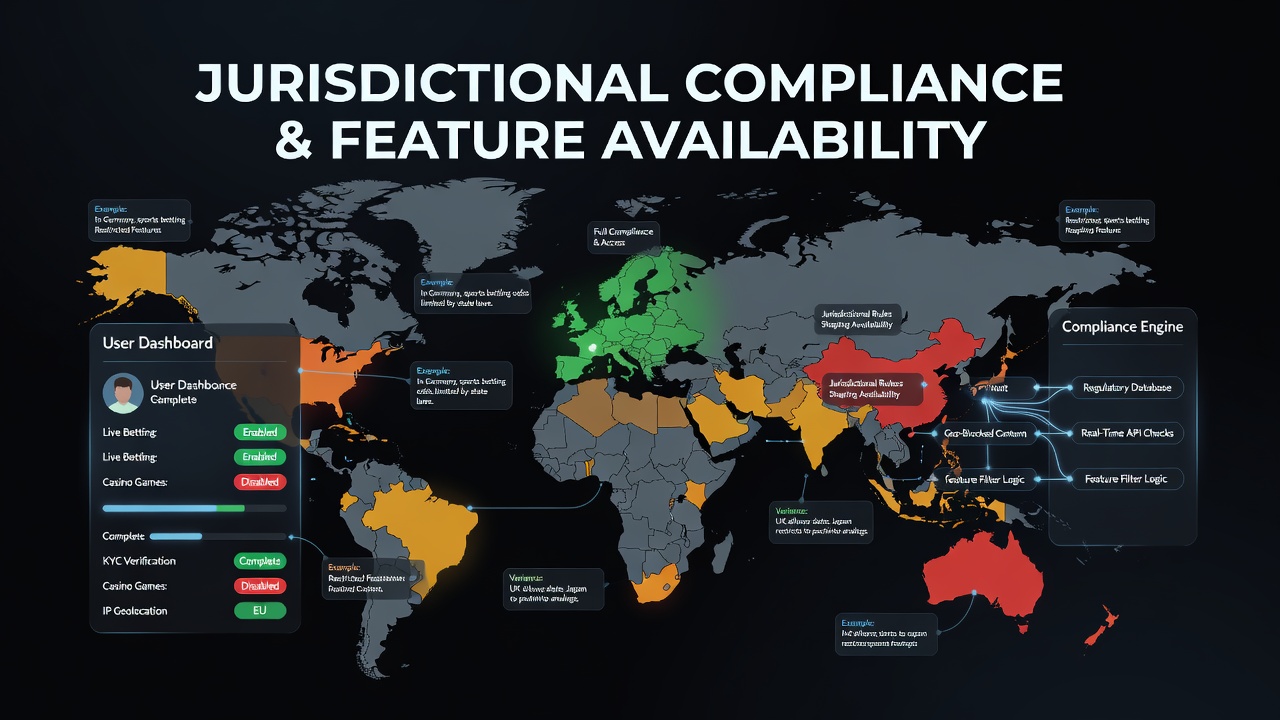 Diagram illustrating global regulatory jurisdictions and their impact on digital wagering feature availability