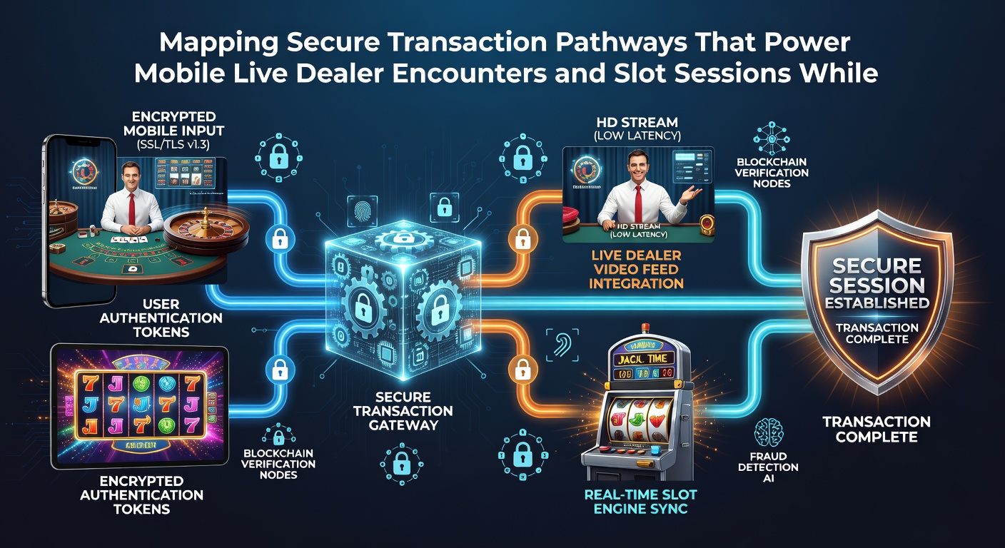 Diagram of encrypted pathways connecting mobile apps to live dealer studios and slot servers with compliance checkpoints