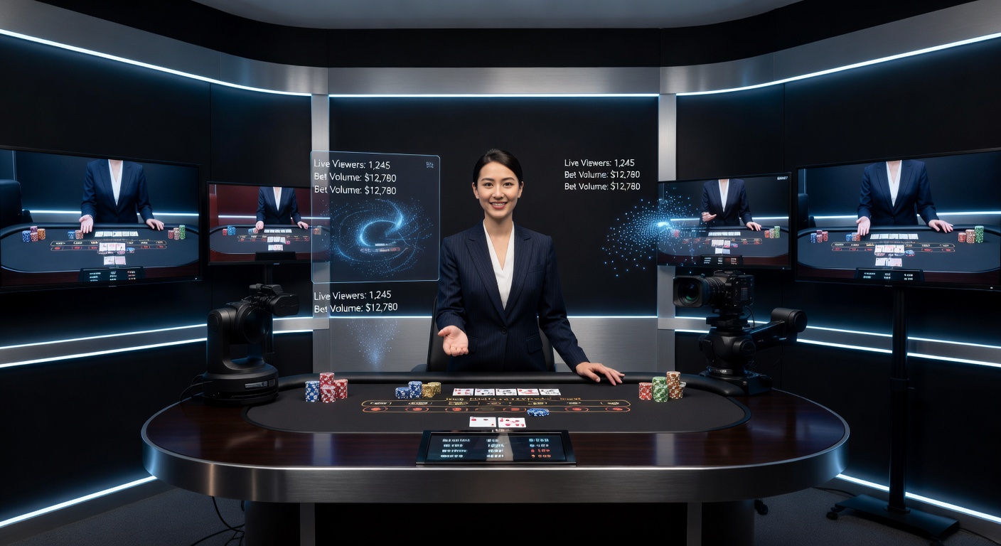 A bustling live dealer studio illuminated by bright lights, with dealers at blackjack tables surrounded by high-tech cameras and monitors capturing every card shuffle in real time