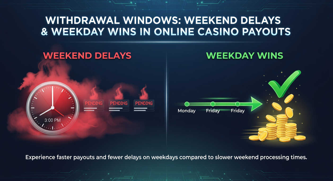 Calendar illustration highlighting green weekday zones and red weekend delay periods for casino withdrawals